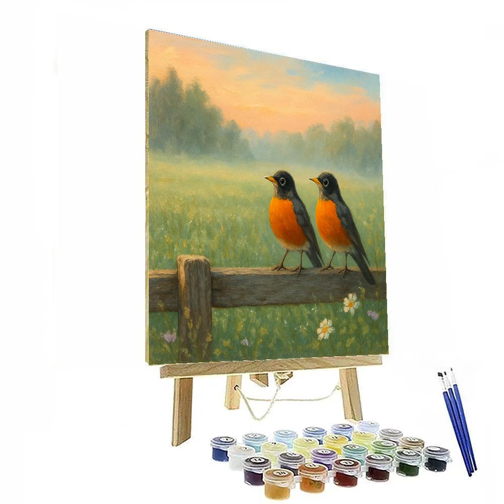 Morning Robins On The Dewy Fence paint by color