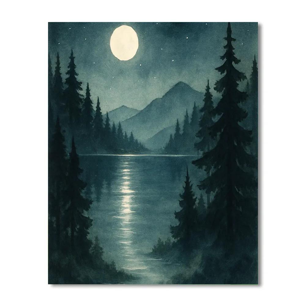Moonlit Pines Over Glassy Water paint by numbers