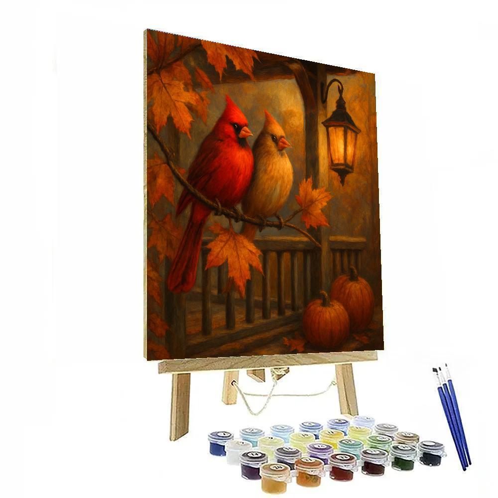 Cardinals In The Autumn Lantern Glow paint by color