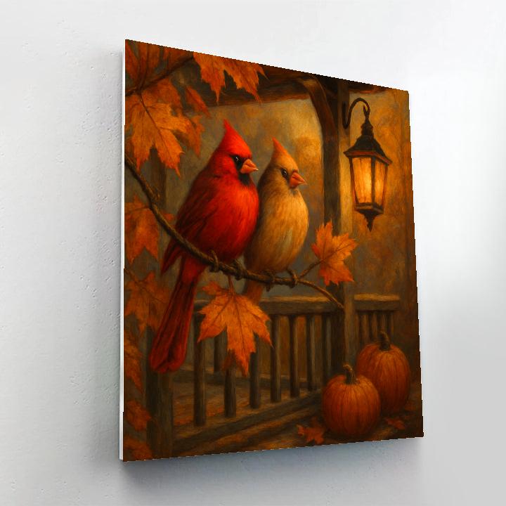 Cardinals In The Autumn Lantern Glow paint by color