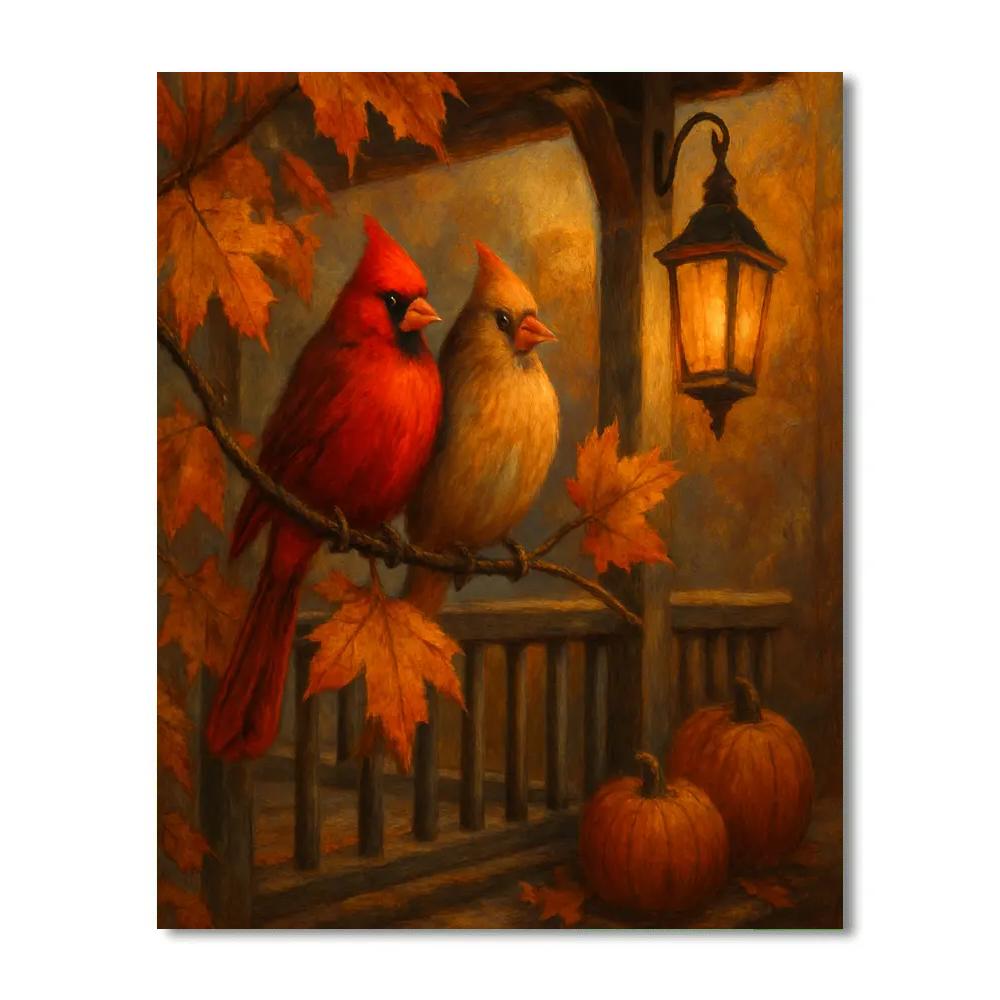 Cardinals In The Autumn Lantern Glow paint by color