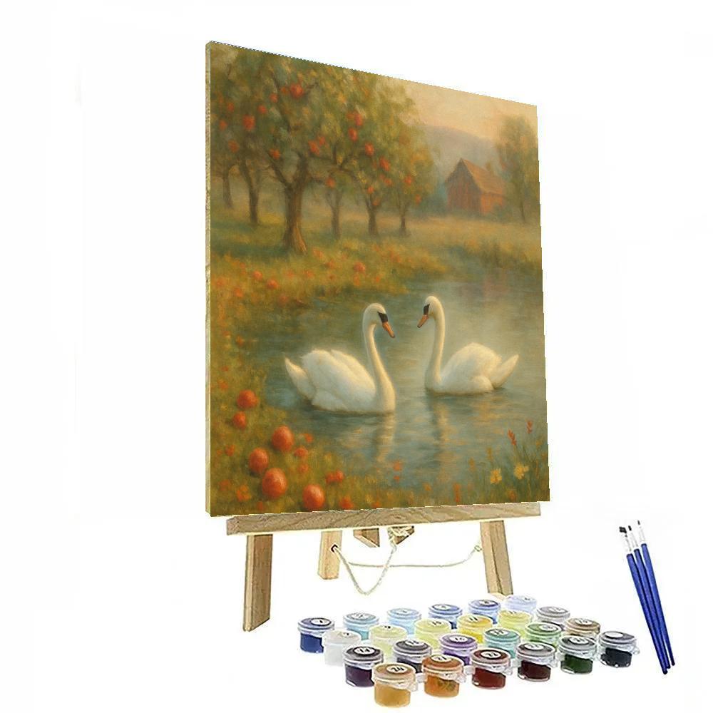 Swans In The Misty Orchard Pond DIY paint by numbers