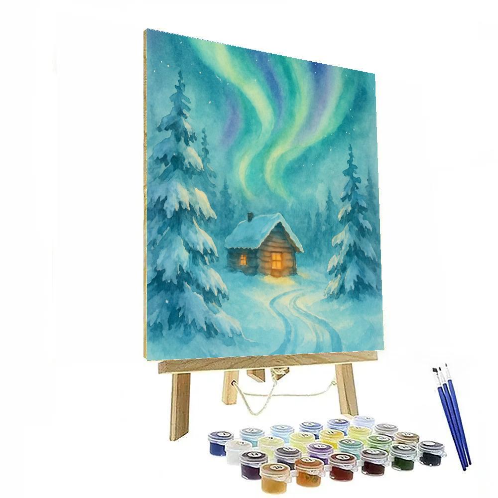 Northern Lights Over Christmas Cabin Painting by numbers kit