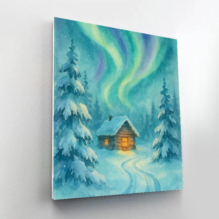 Northern Lights Over Christmas Cabin Painting by numbers kit