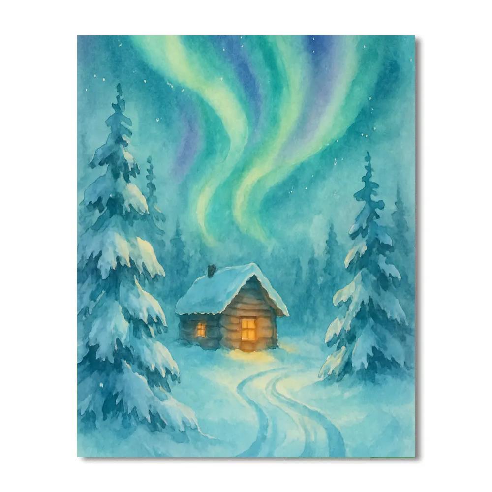 Northern Lights Over Christmas Cabin Painting by numbers kit