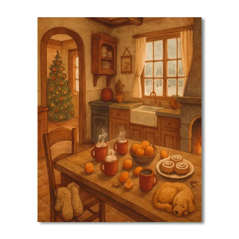 Snowy Farmhouse Christmas Breakfast painting number kit