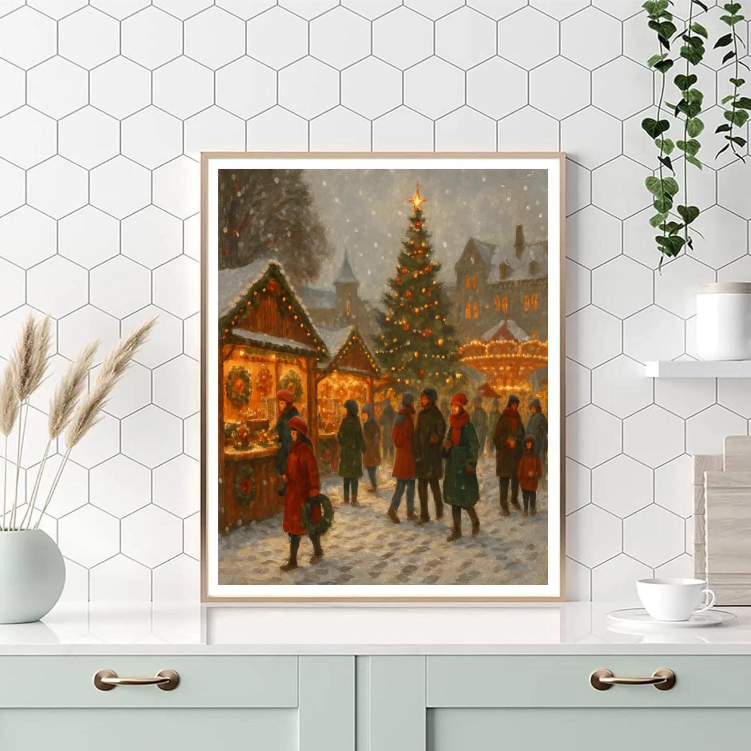 Snowy Town Square Holiday Market Painting by numbers kit