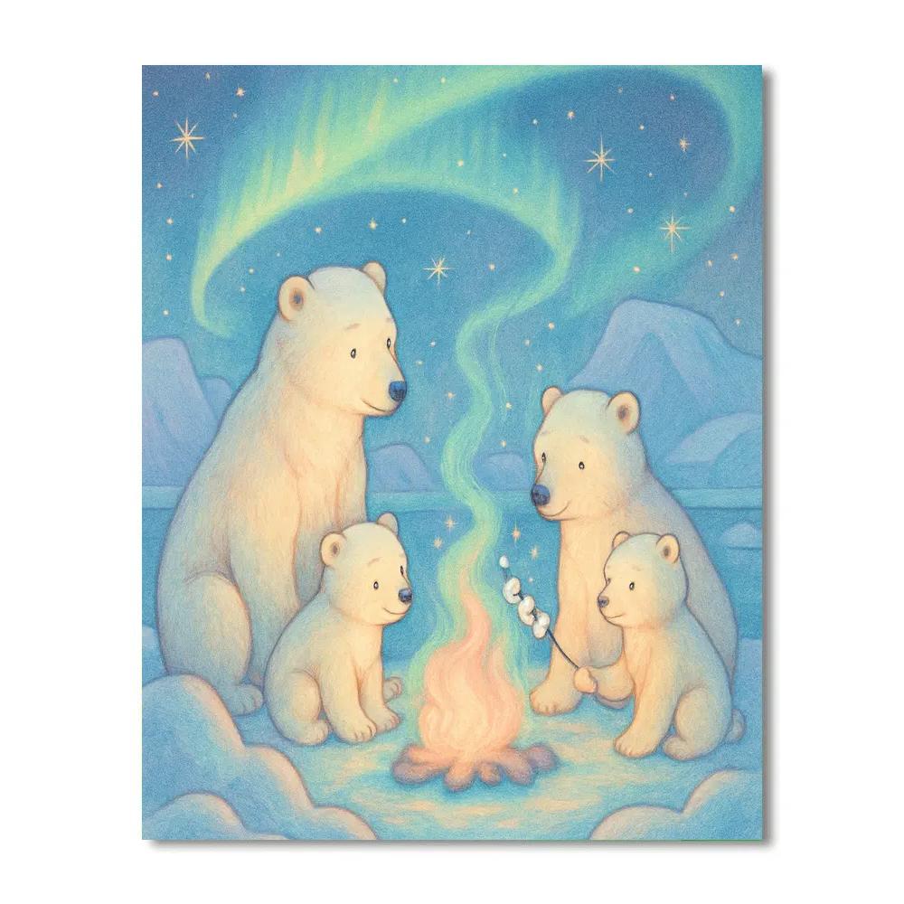 Polar Bear Family Around The Christmas Campfire painting number kit