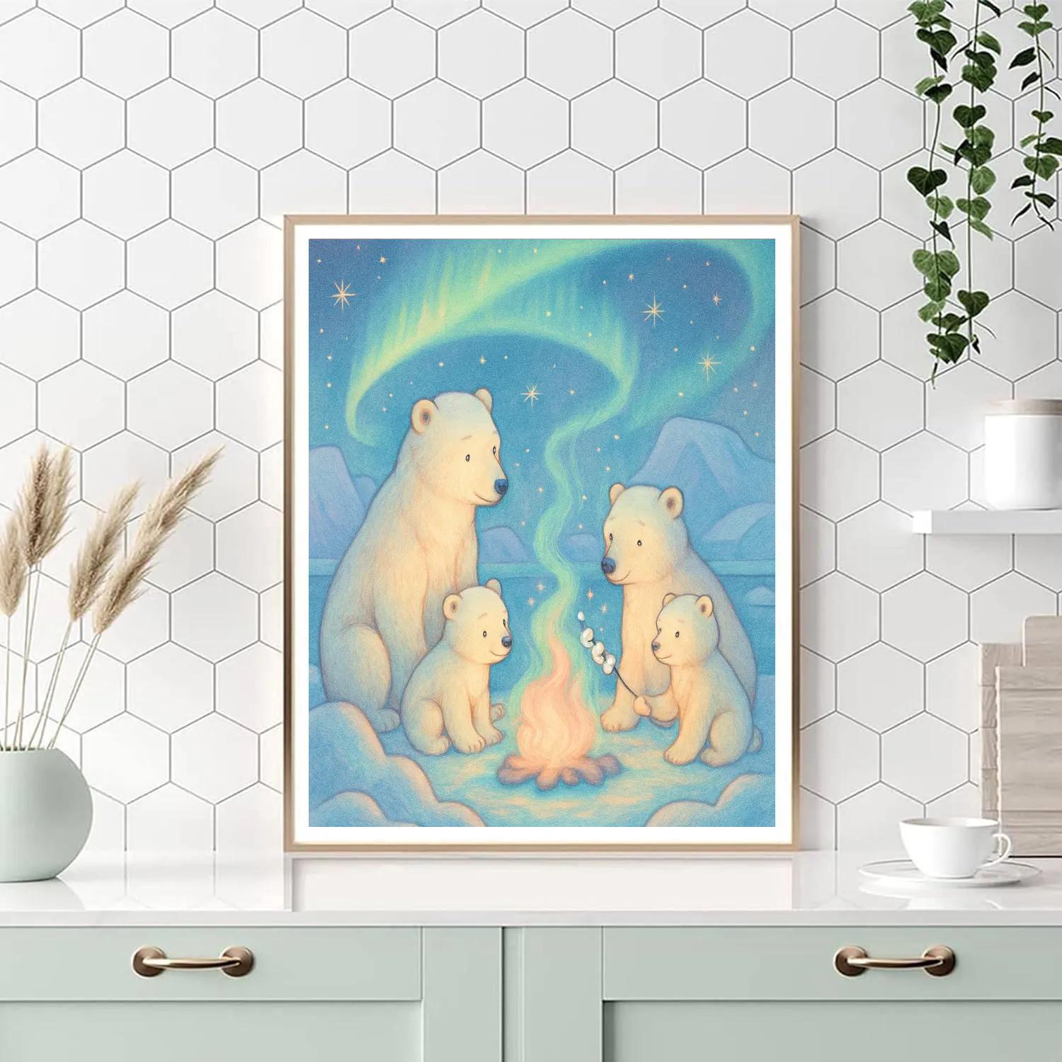 Polar Bear Family Around The Christmas Campfire painting number kit