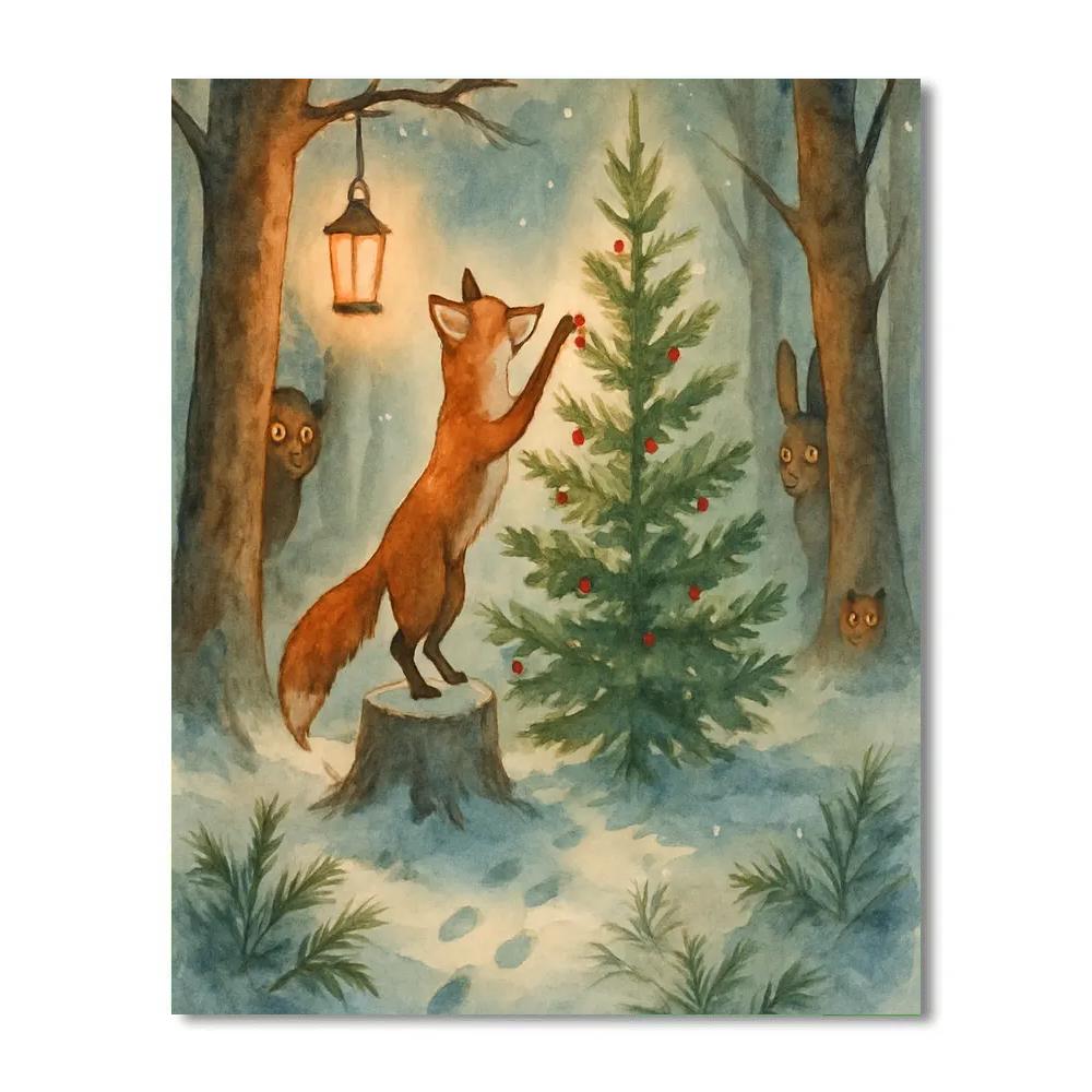 Fox Decorating Forest Christmas Tree paint by number