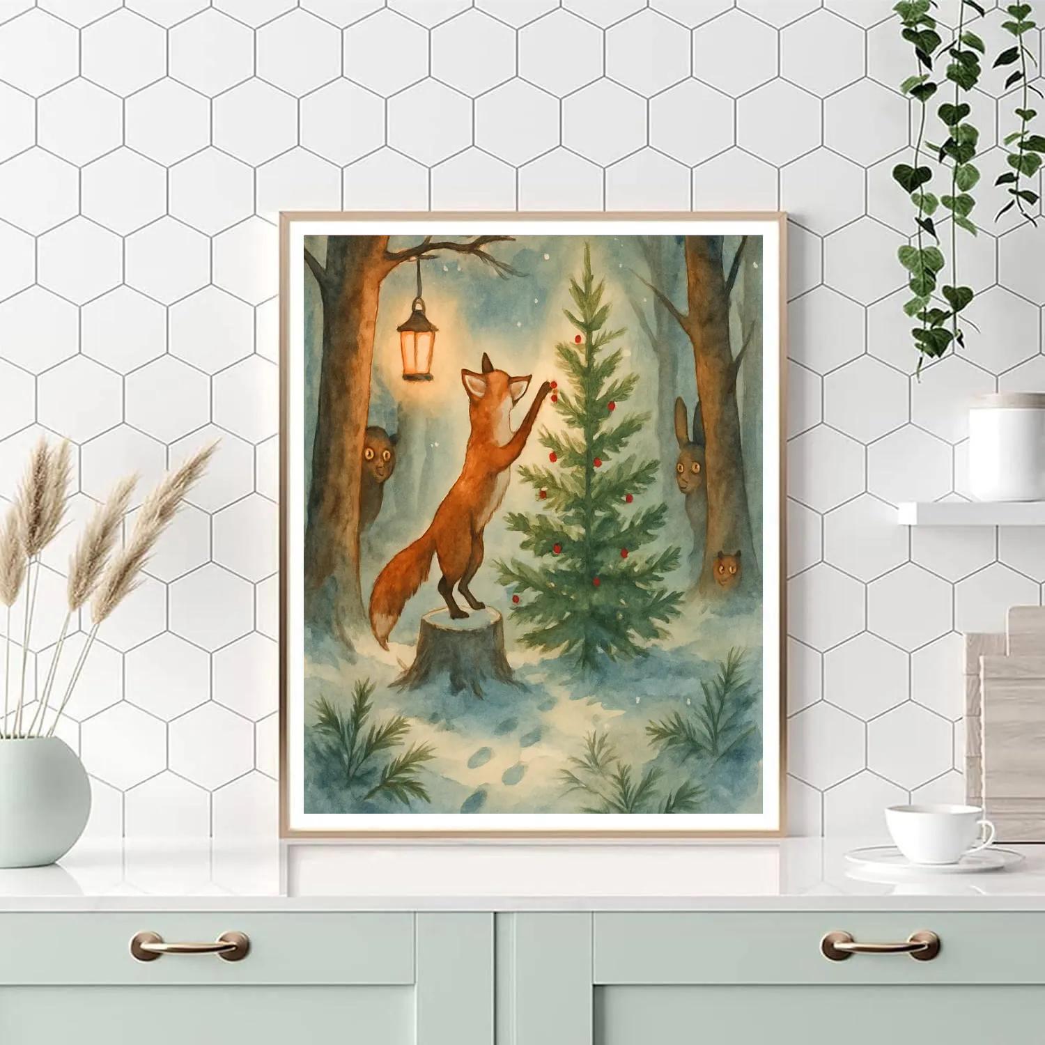Fox Decorating Forest Christmas Tree paint by number