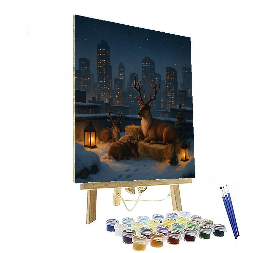 Snowy Rooftop Reindeer Rest Stop painting number kit