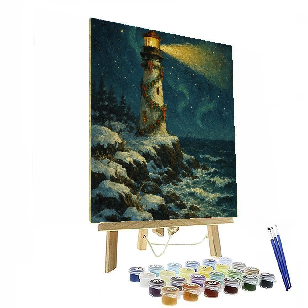 Christmas Lighthouse By The Winter Sea paint by number