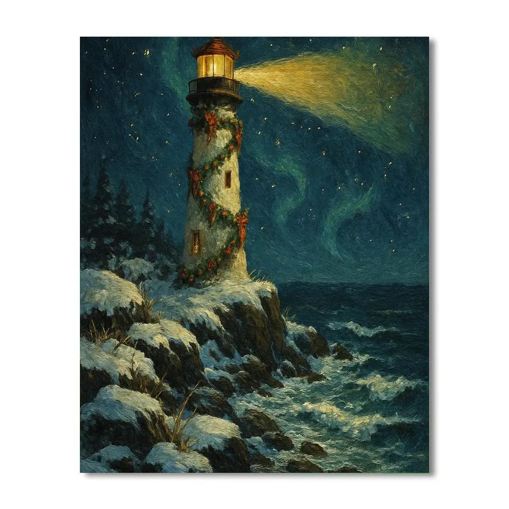 Christmas Lighthouse By The Winter Sea paint by number