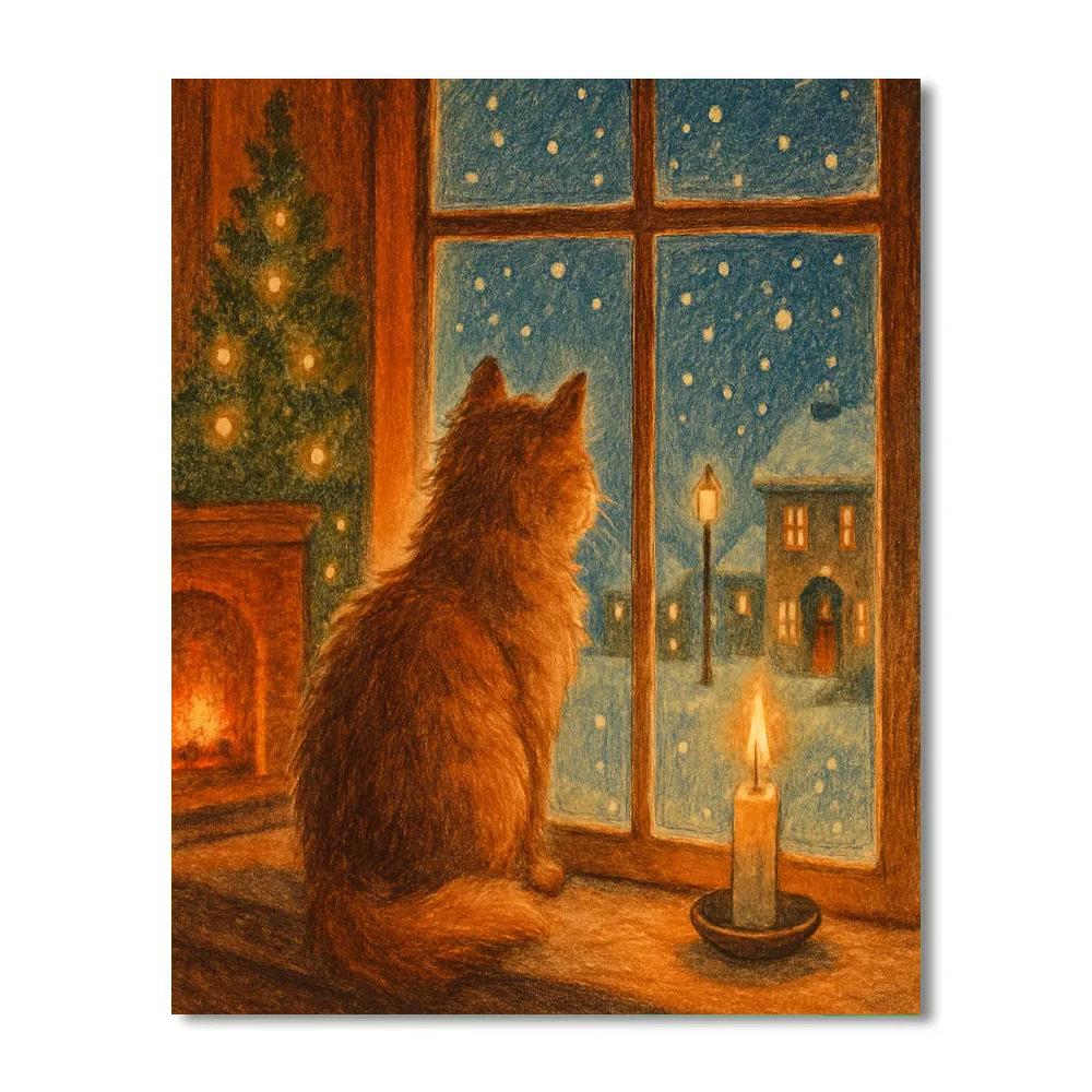 Christmas Eve Window Cat Watch painting number kit