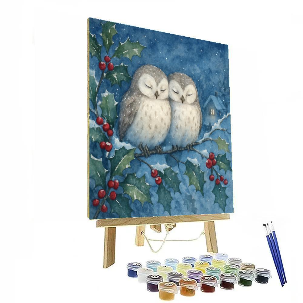Winter Owls In The Holly Tree Numbered painting kits