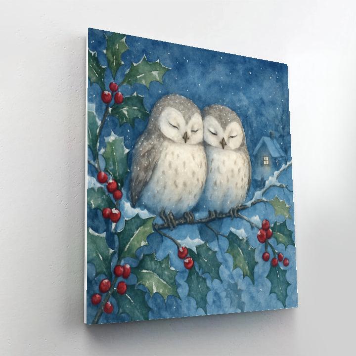 Winter Owls In The Holly Tree Numbered painting kits