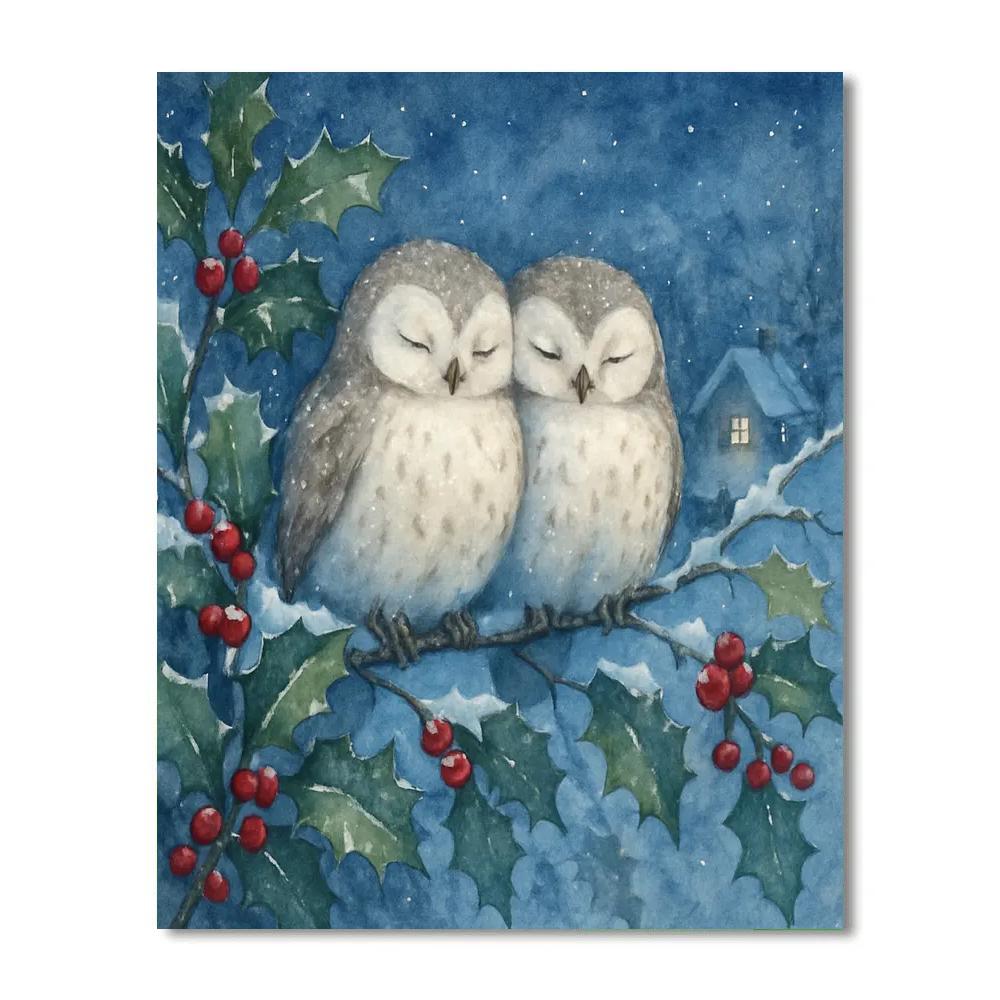 Winter Owls In The Holly Tree Numbered painting kits