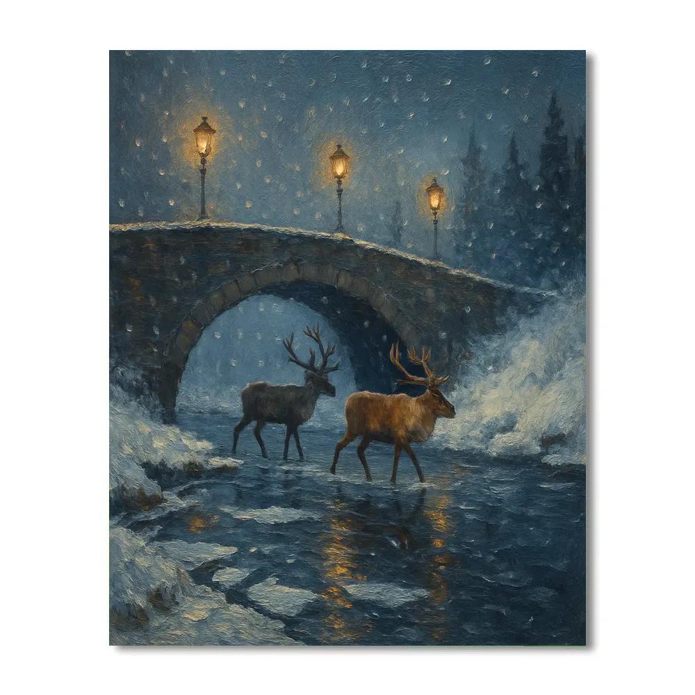 Holiday Reindeer Crossing The Frozen Bridge Paint by numbers kits