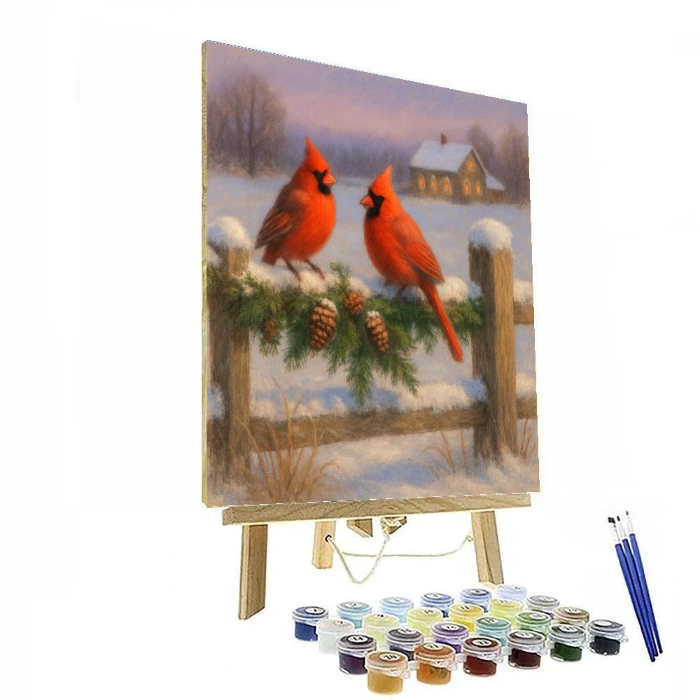 Winter Cardinals On The Christmas Fence painting number kit