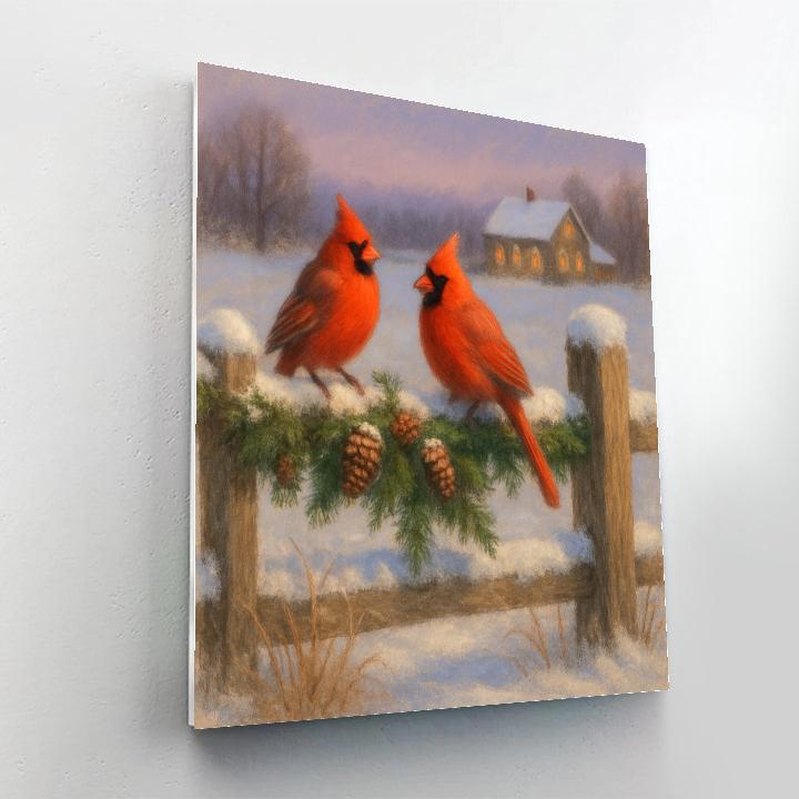 Winter Cardinals On The Christmas Fence painting number kit