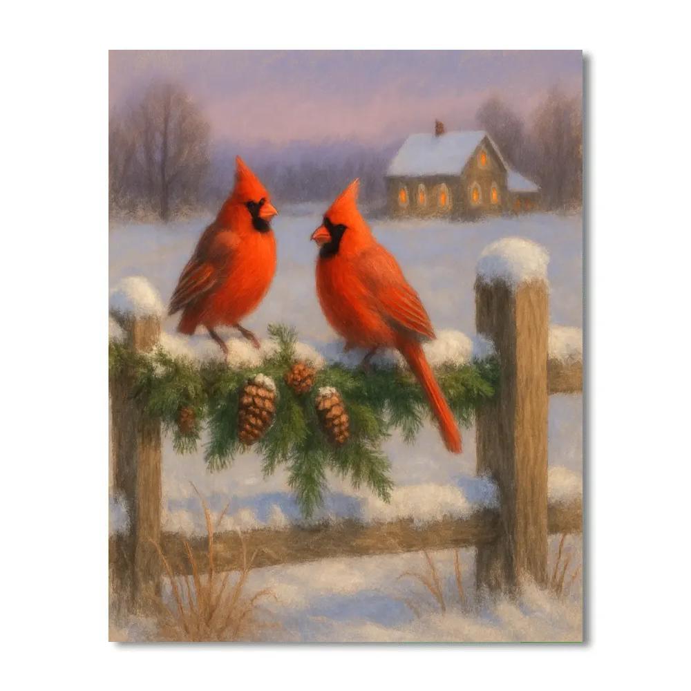 Winter Cardinals On The Christmas Fence painting number kit
