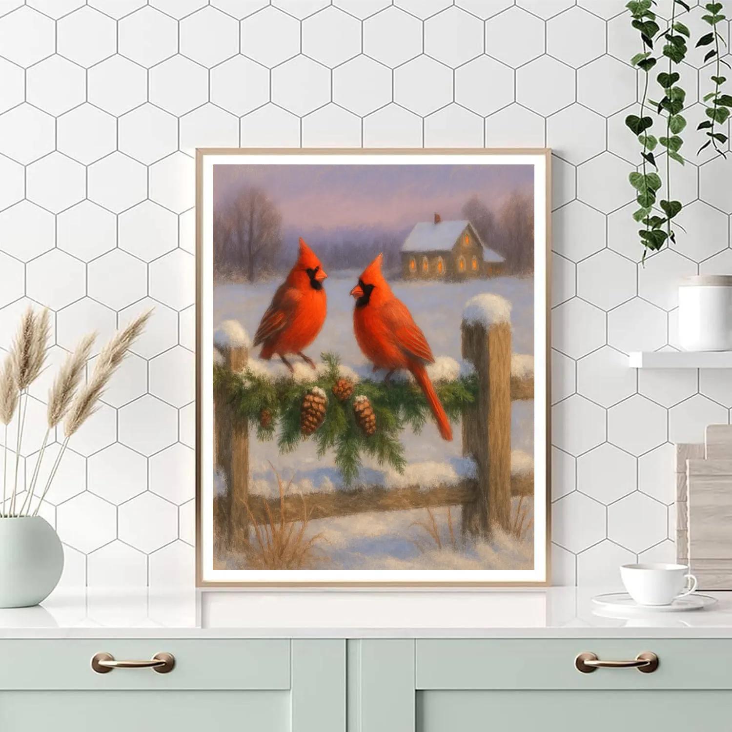 Winter Cardinals On The Christmas Fence painting number kit