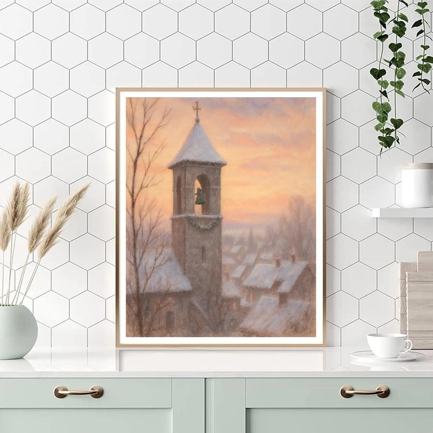 Snowy Bell Tower At Christmas Dawn Paint by numbers art