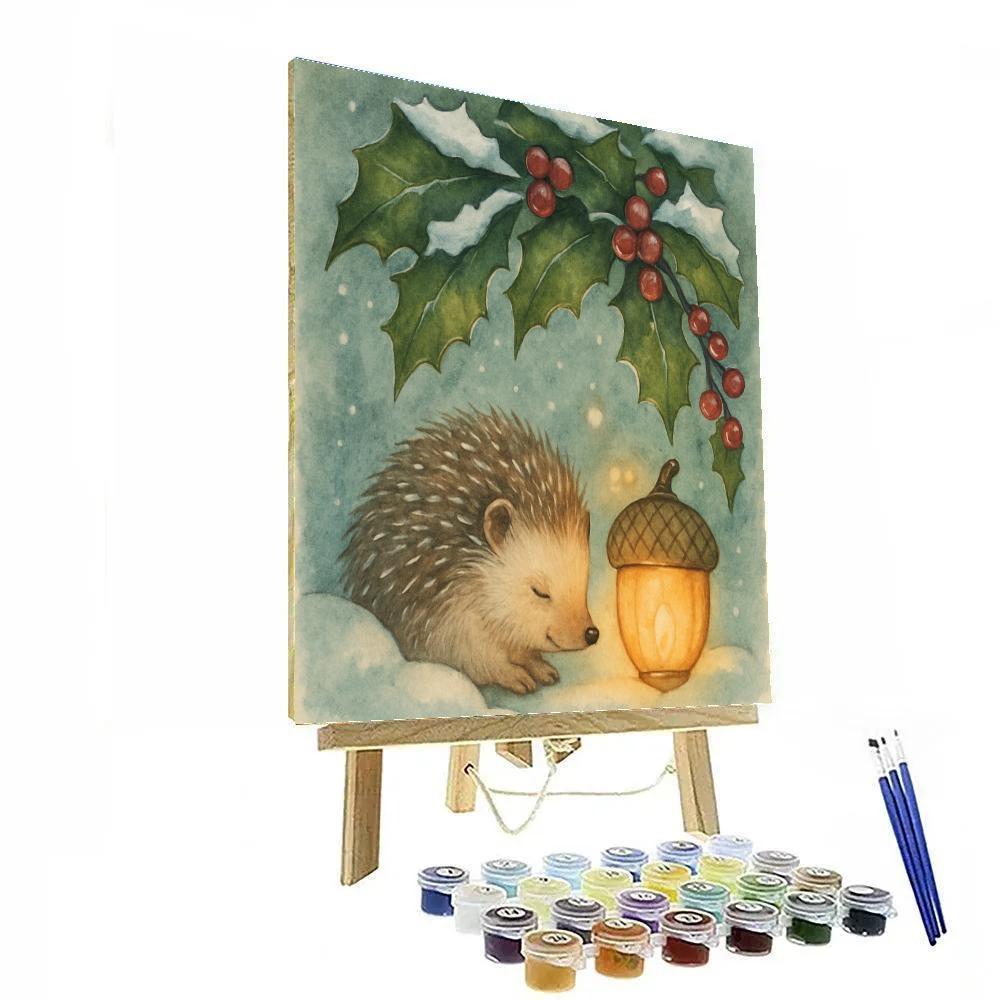 Christmas Hedgehog Under The Holly Leaves DIY paint by numbers