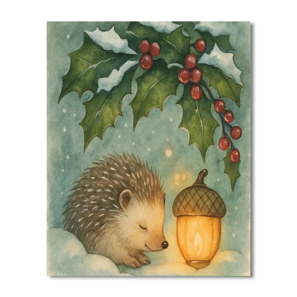 Christmas Hedgehog Under The Holly Leaves DIY paint by numbers
