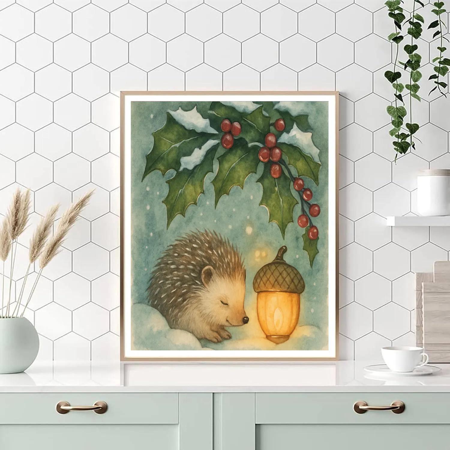 Christmas Hedgehog Under The Holly Leaves DIY paint by numbers