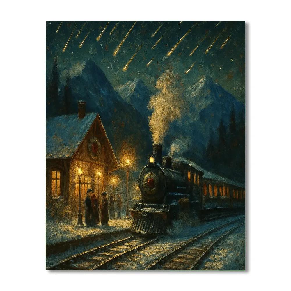 Christmas Train Station Under Falling Stars DIY paint by numbers