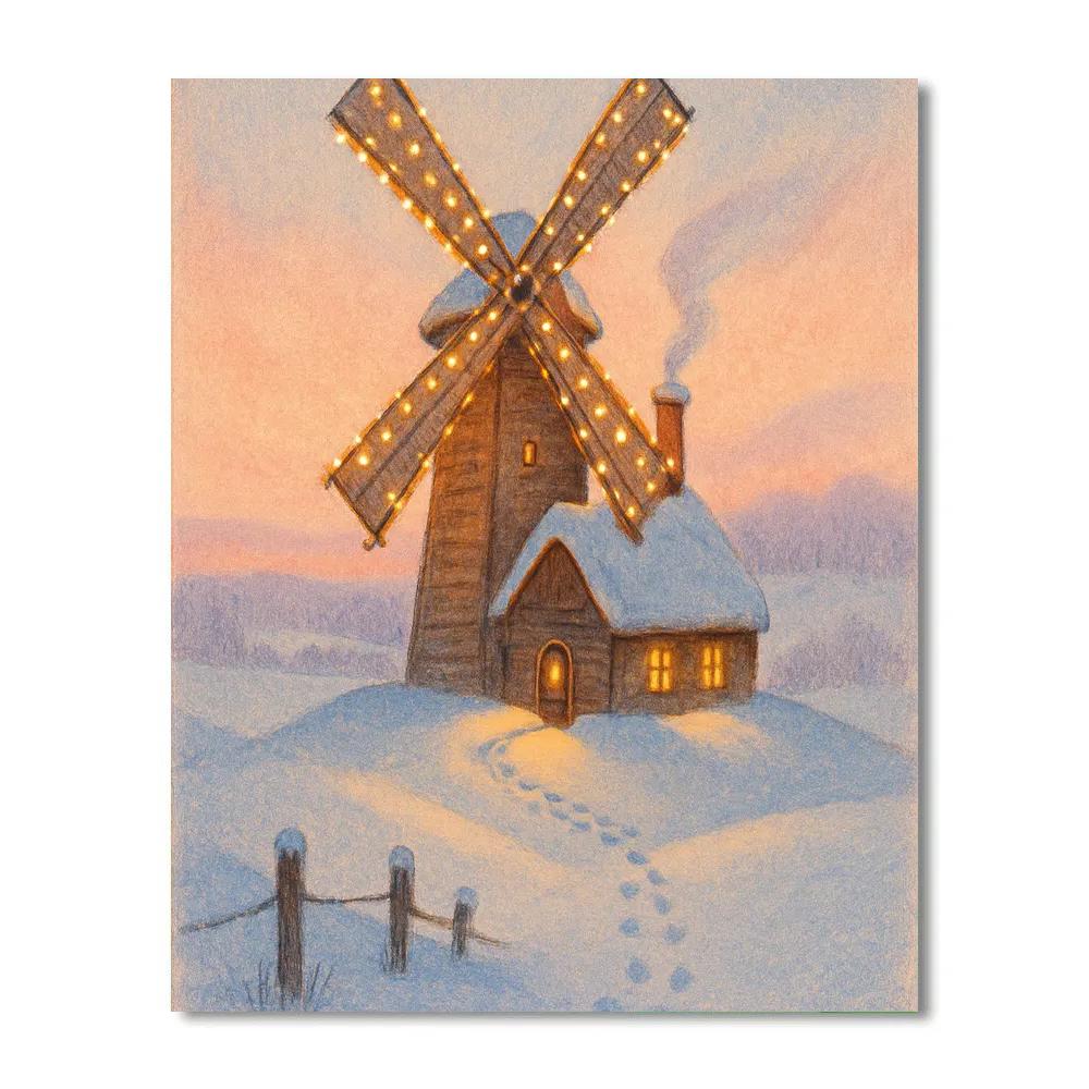 Snowy Christmas Windmill On The Hill Number painting