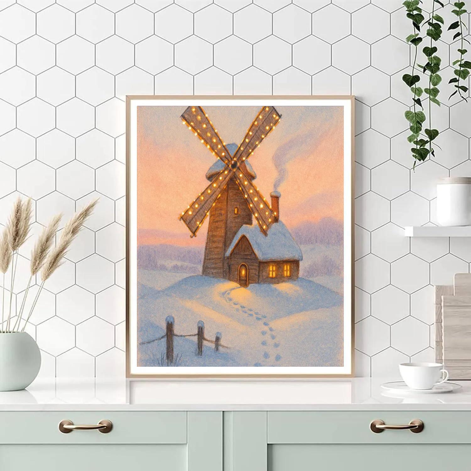 Snowy Christmas Windmill On The Hill Number painting