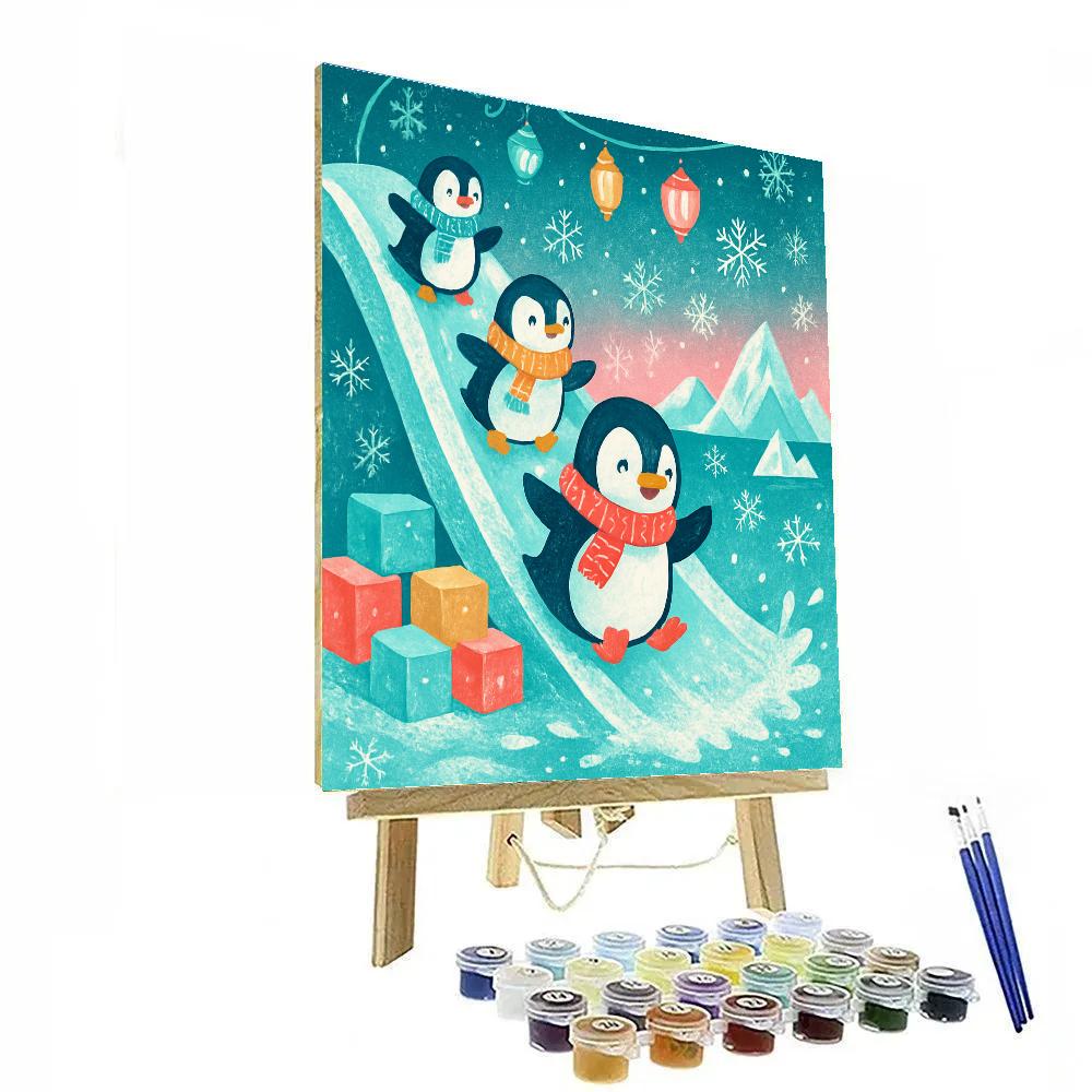 Christmas Playful Penguins On The Ice Slide paint by color