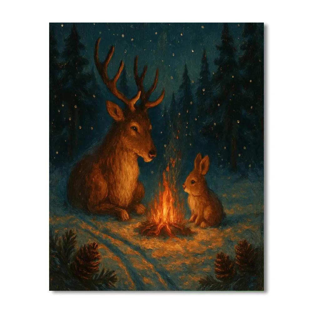 Reindeer And Rabbit At The Forest Campfire paint by numbers
