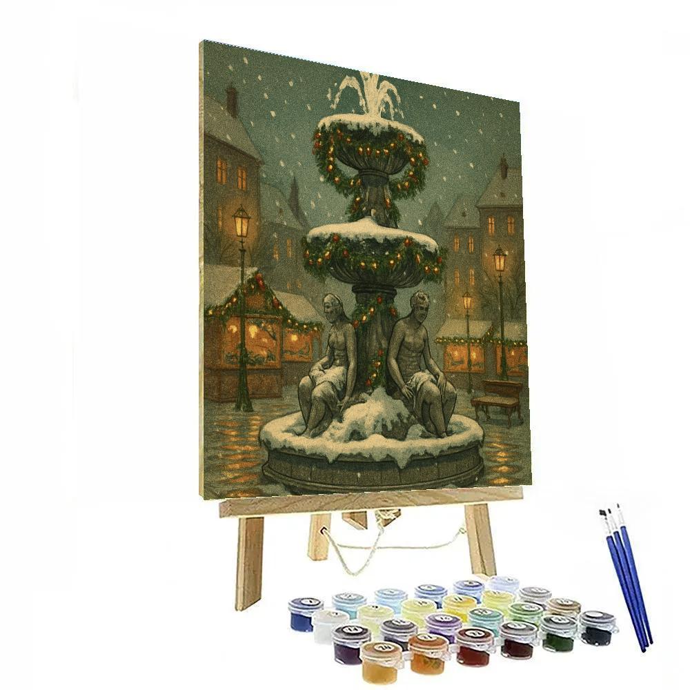 Snow Covered Christmas Fountain In The Plaza paint by number