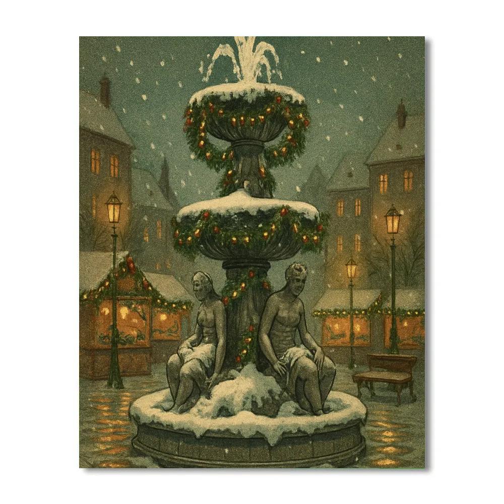 Snow Covered Christmas Fountain In The Plaza paint by number