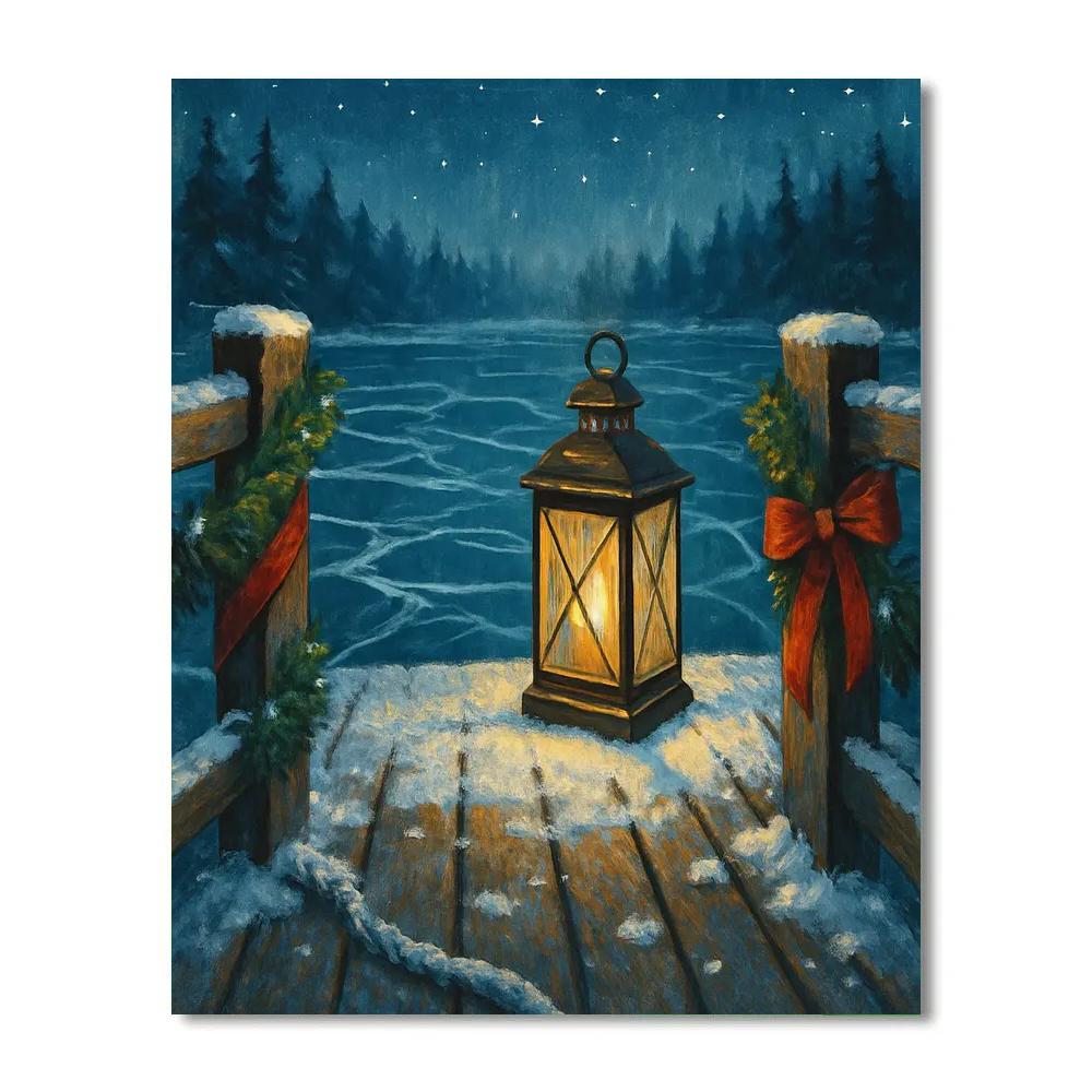 Christmas Night Lantern On The Frozen Dock paint by numbers