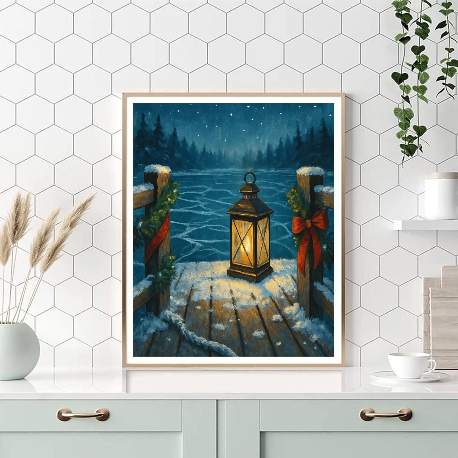 Christmas Night Lantern On The Frozen Dock paint by numbers