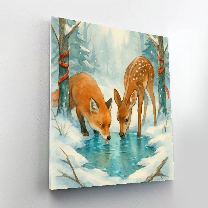 Christmas Fox And Fawn At The Forest Spring Numbered painting kits