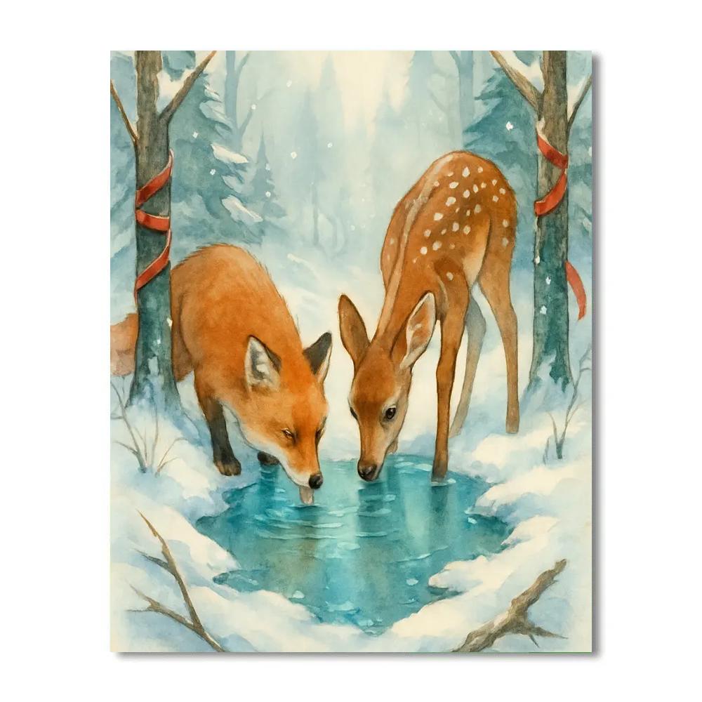 Christmas Fox And Fawn At The Forest Spring Numbered painting kits