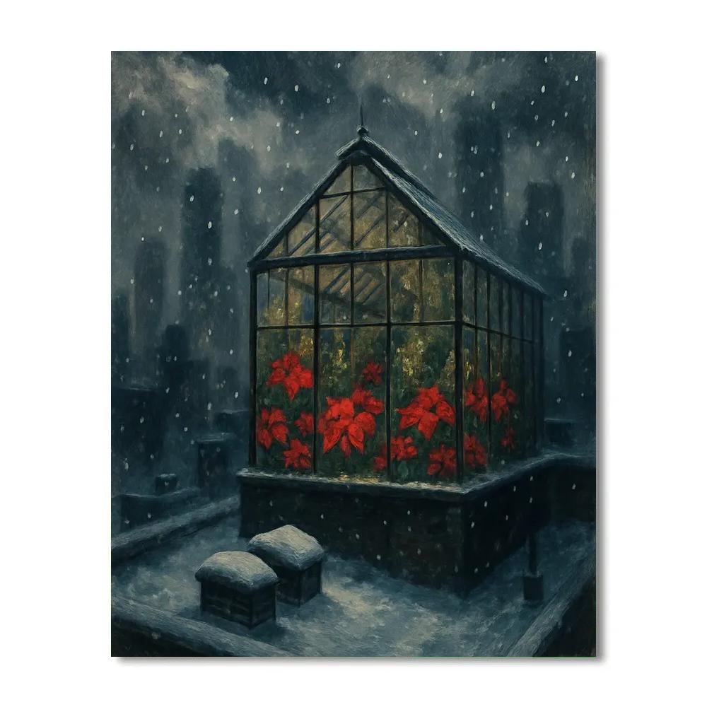 Christmas Rooftop Greenhouse Under Snow Clouds Number painting