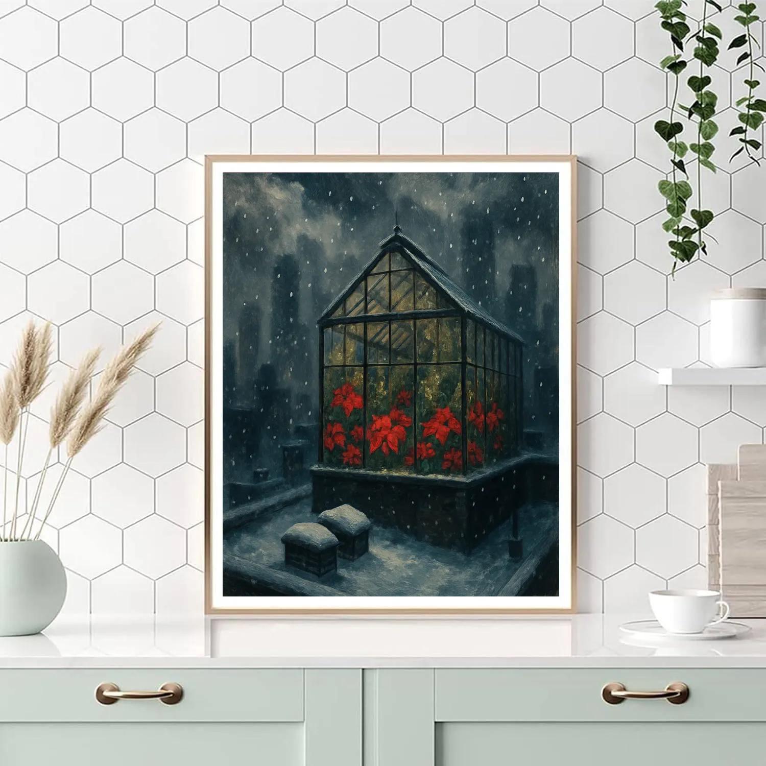 Christmas Rooftop Greenhouse Under Snow Clouds Number painting
