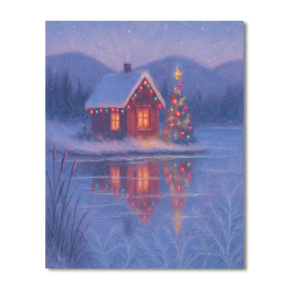 Christmas Cottage Reflected In Frozen Lake DIY paint by numbers