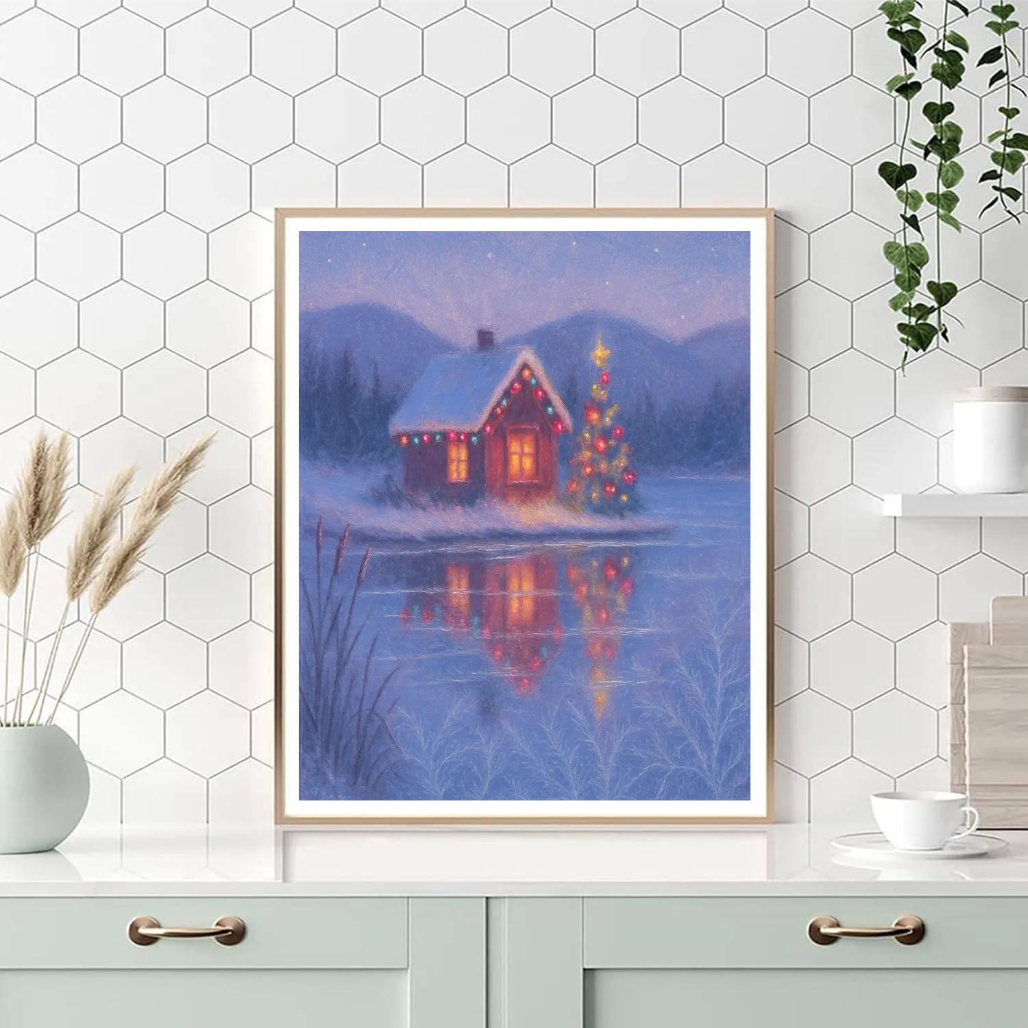 Christmas Cottage Reflected In Frozen Lake DIY paint by numbers