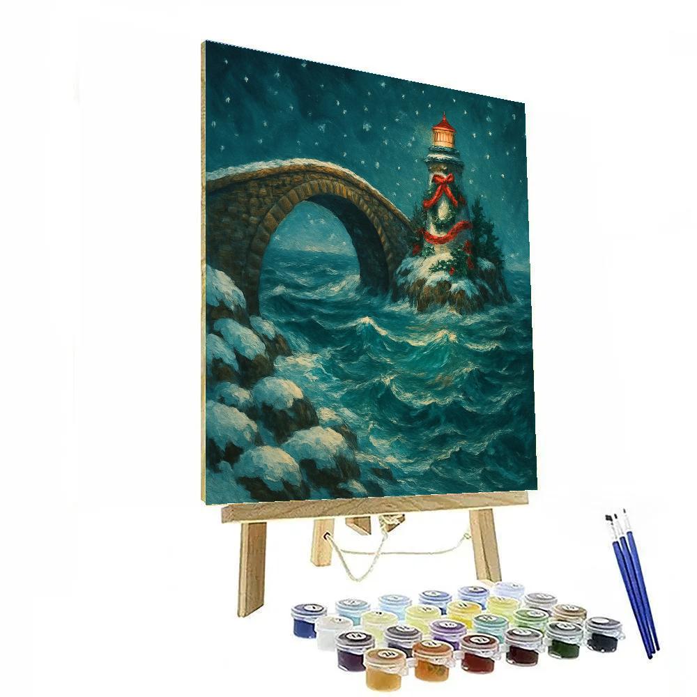 Snowy Christmas Bridge To The Lighthouse Island painting number kit