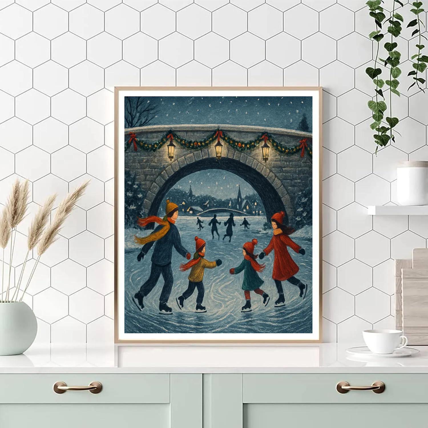 Christmas River Skaters Beneath The Lantern Bridge Painting by numbers kit