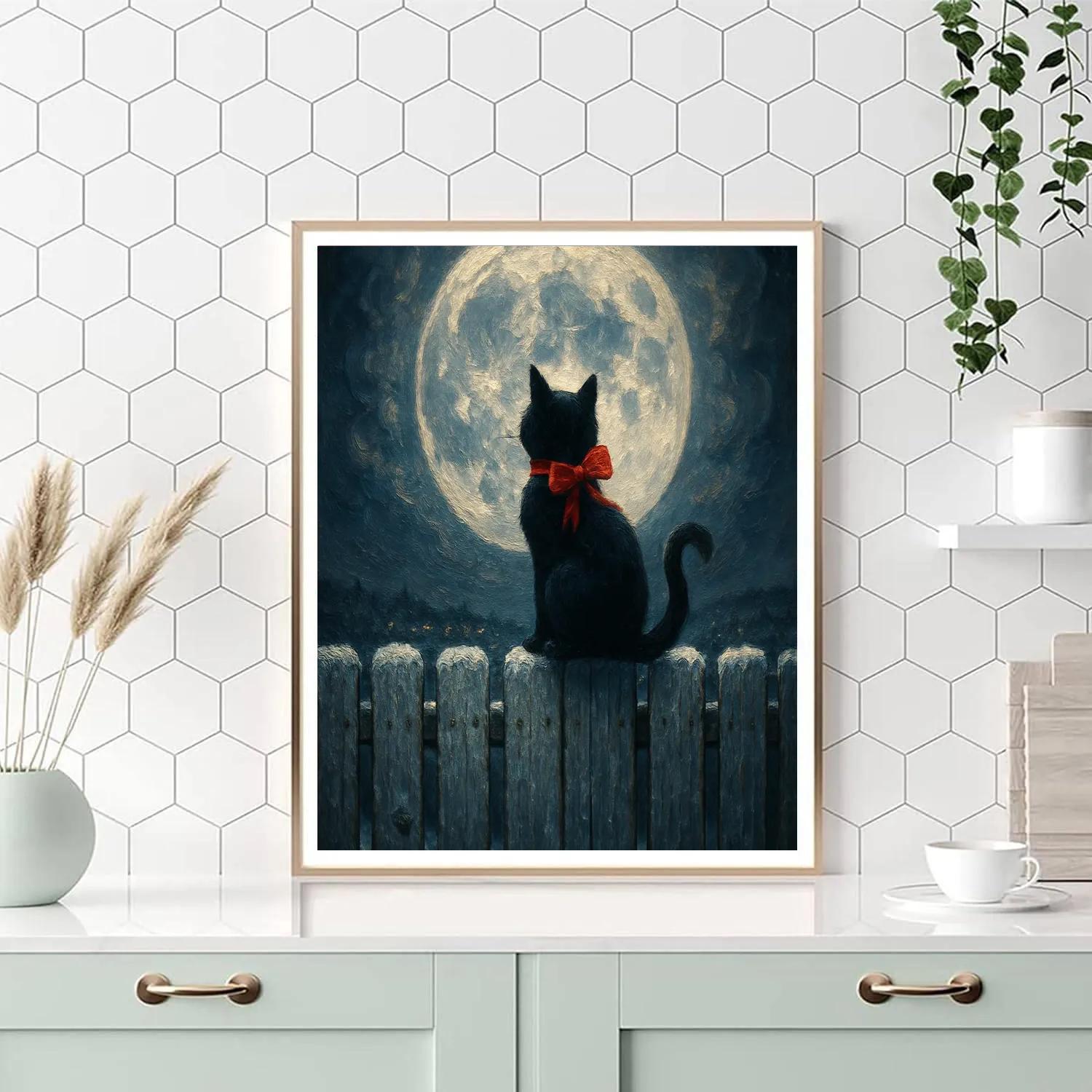 Christmas Cat On The Moonlit Fence paint by number