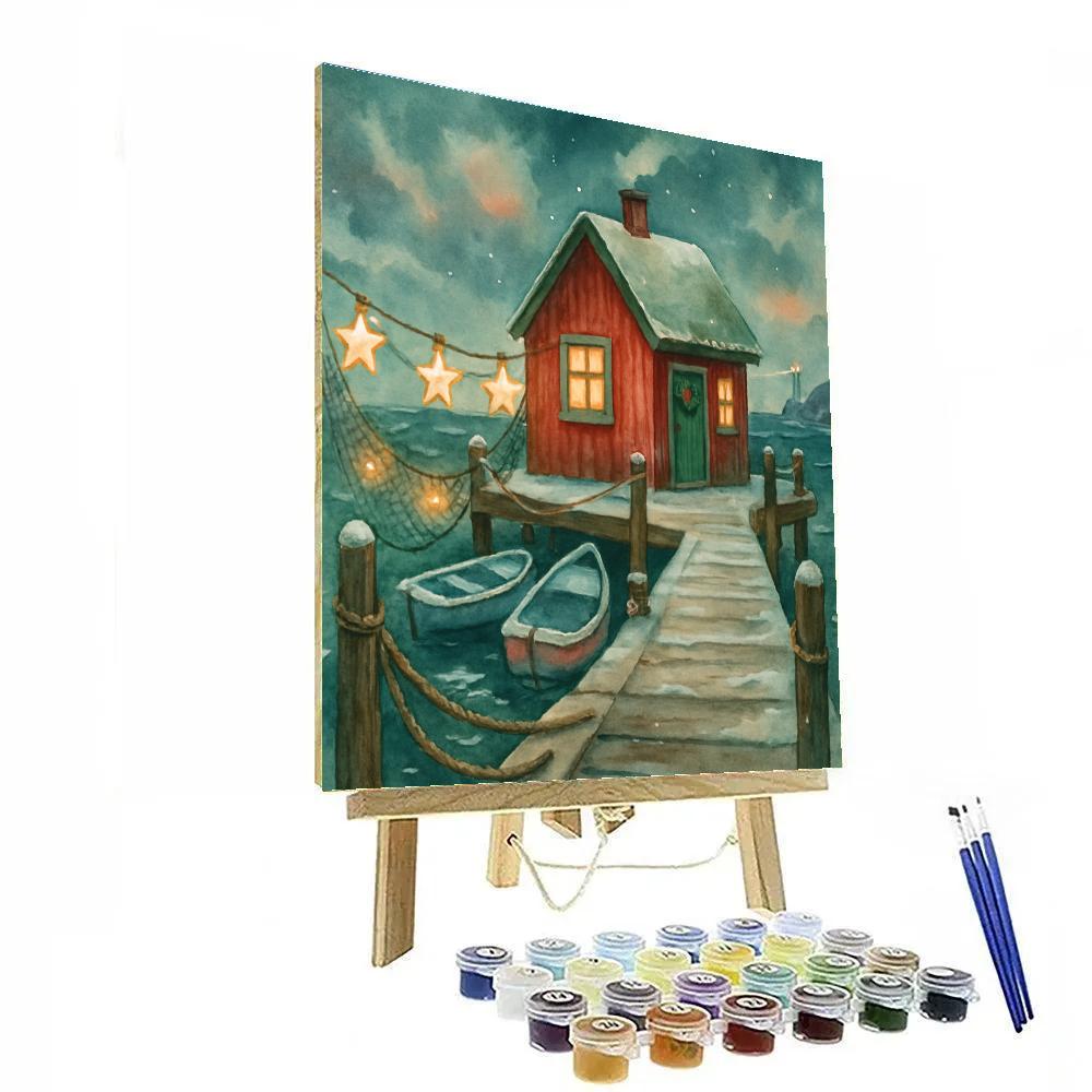 Christmas Harbor Cottage With Star Nets painting number kit